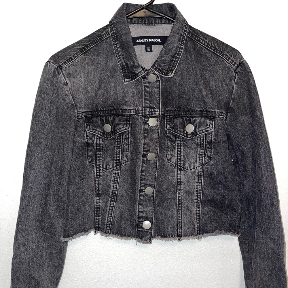 Ashley Mason Cropped Black/Dark Gray Jean Jacket w/ Fringe Size XS